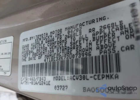 2002 Toyota Camry Le from USA, damaged, VIN 4T1BE32K72U073996